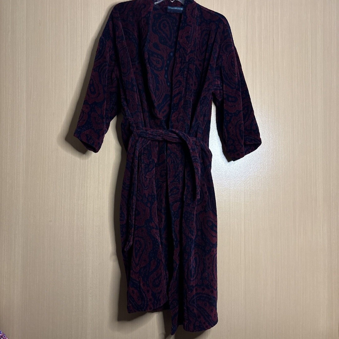 CLAYBROOKE Vintage Paisley Turkish Towel Bathrobe Robe Navy Burgundy One Size