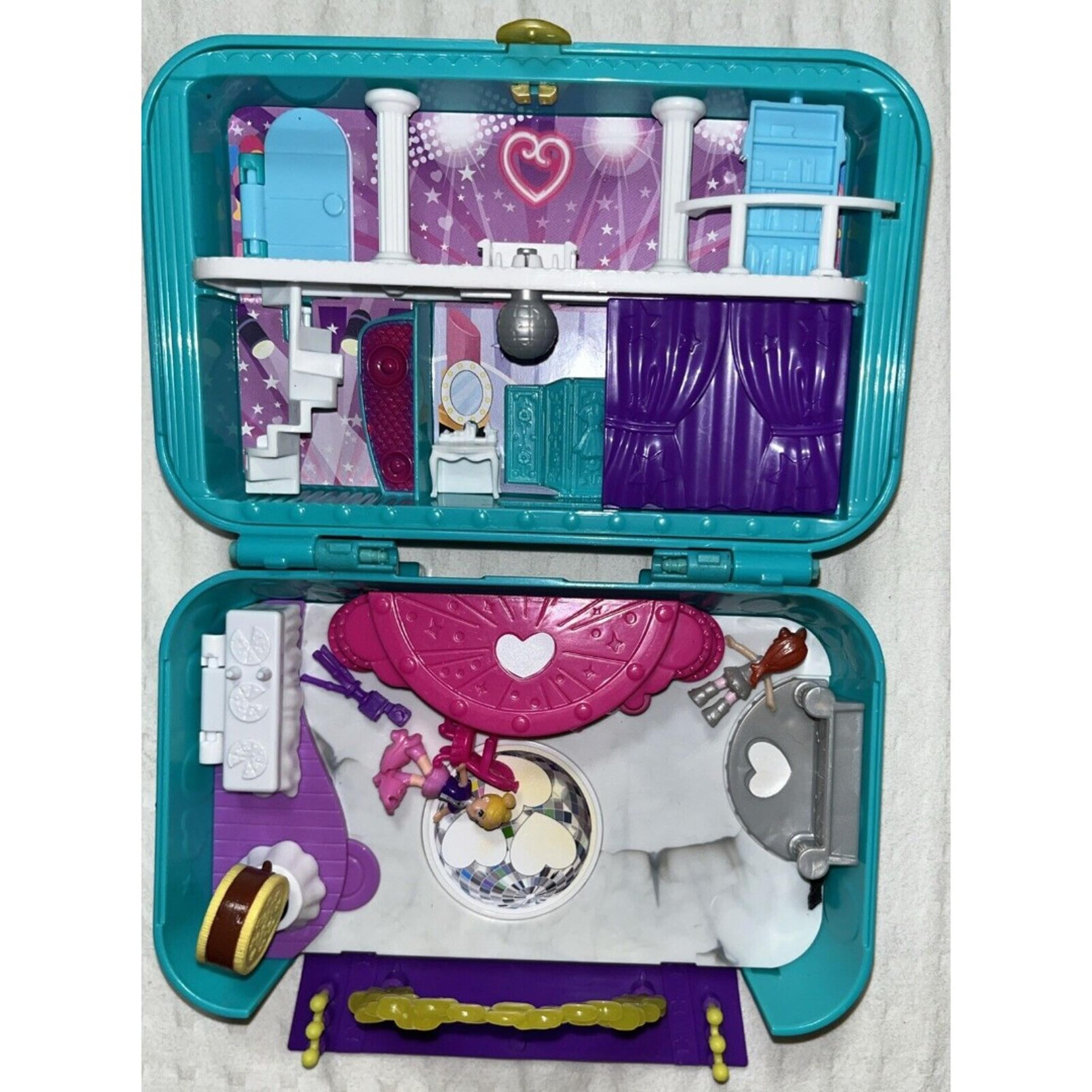 Mattel Polly Pocket Mini Playset Case Party Stage 2 Dolls Green Purple 2017