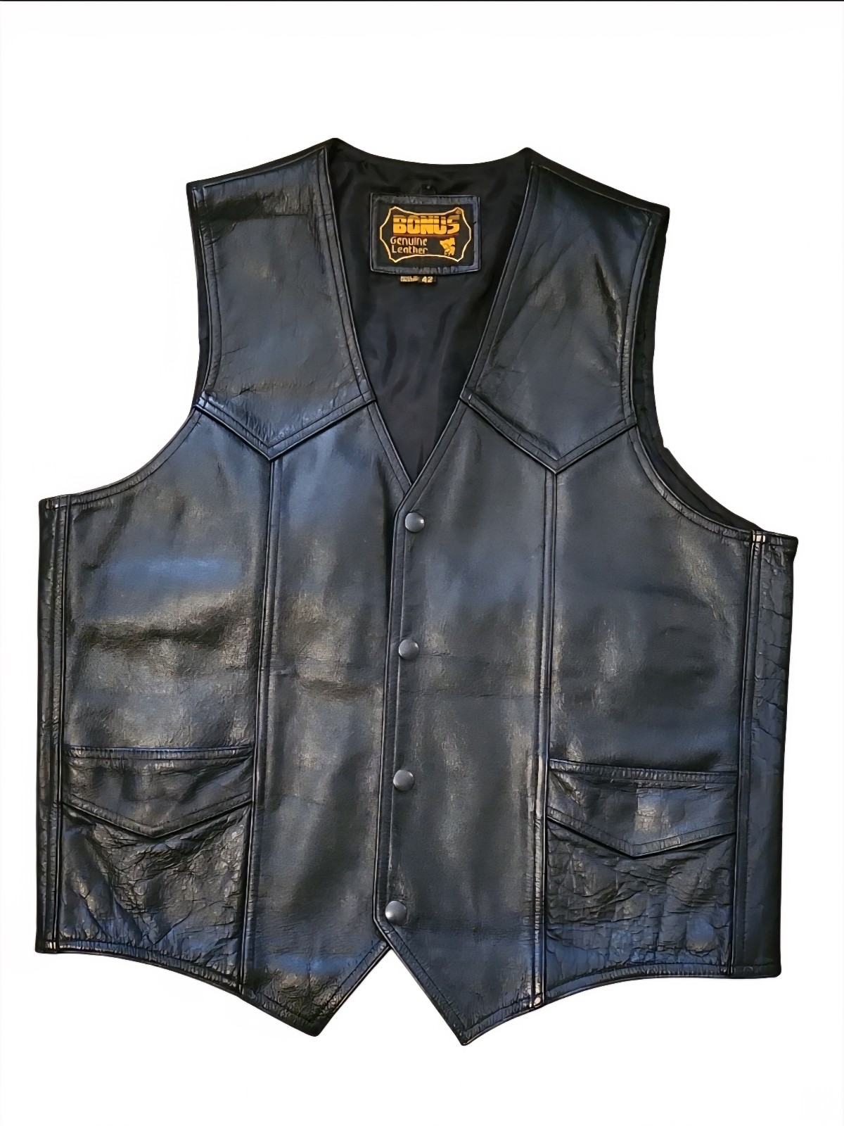 BONUS Genuine Leather Biker Vest Black Pockets Snap Button Men's Size 42 VTG
