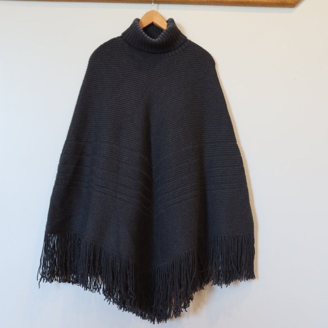 BANANA REPUBLIC 100% merino wool poncho cape knit grey turtle fringe Md Lrg west