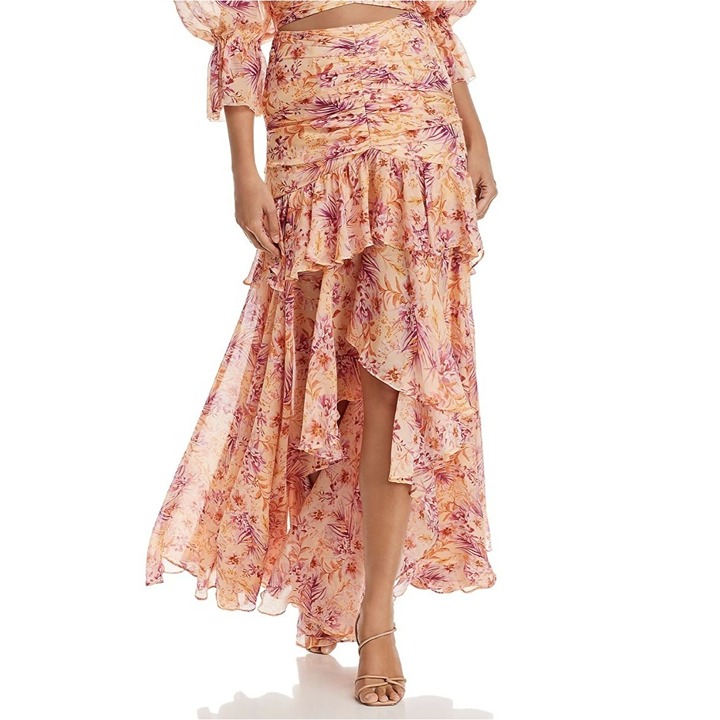 Amur Fie Ruched Floral Boho Flowy Ruffle High Low 100% Silk Maxi Skirt NWT Sz 4