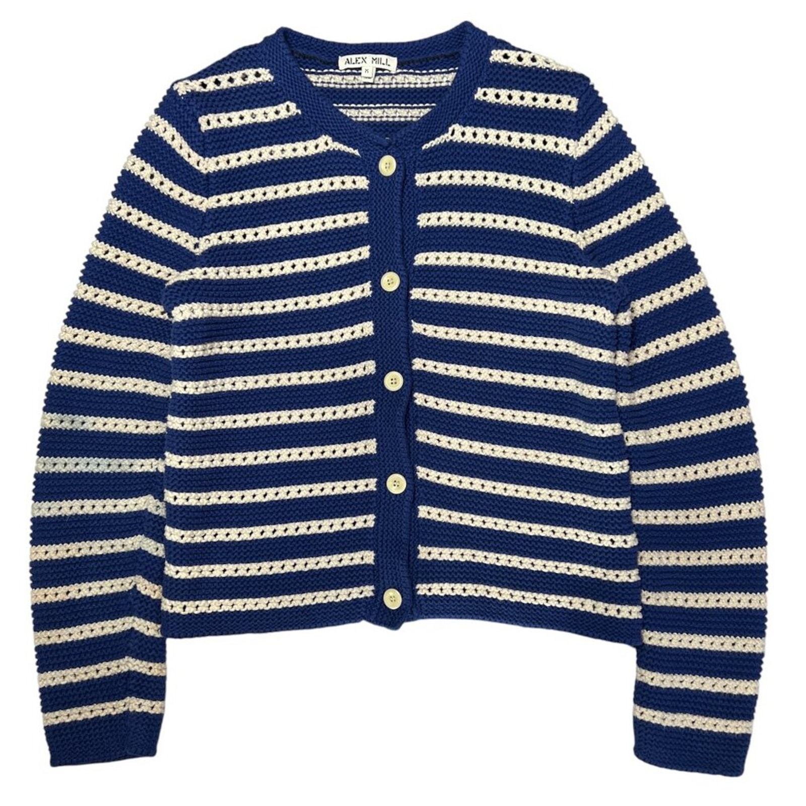 ALEX MILL Hailey Cardigan Sweater SIZE M Deep Royal Ivory Striped Cotton Jumper