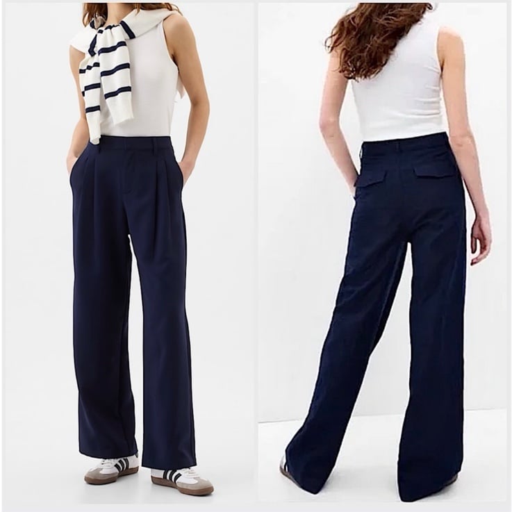 GAP Pleated Linen Wide-Leg Size 4 Navy Blue Pants New with Tags
