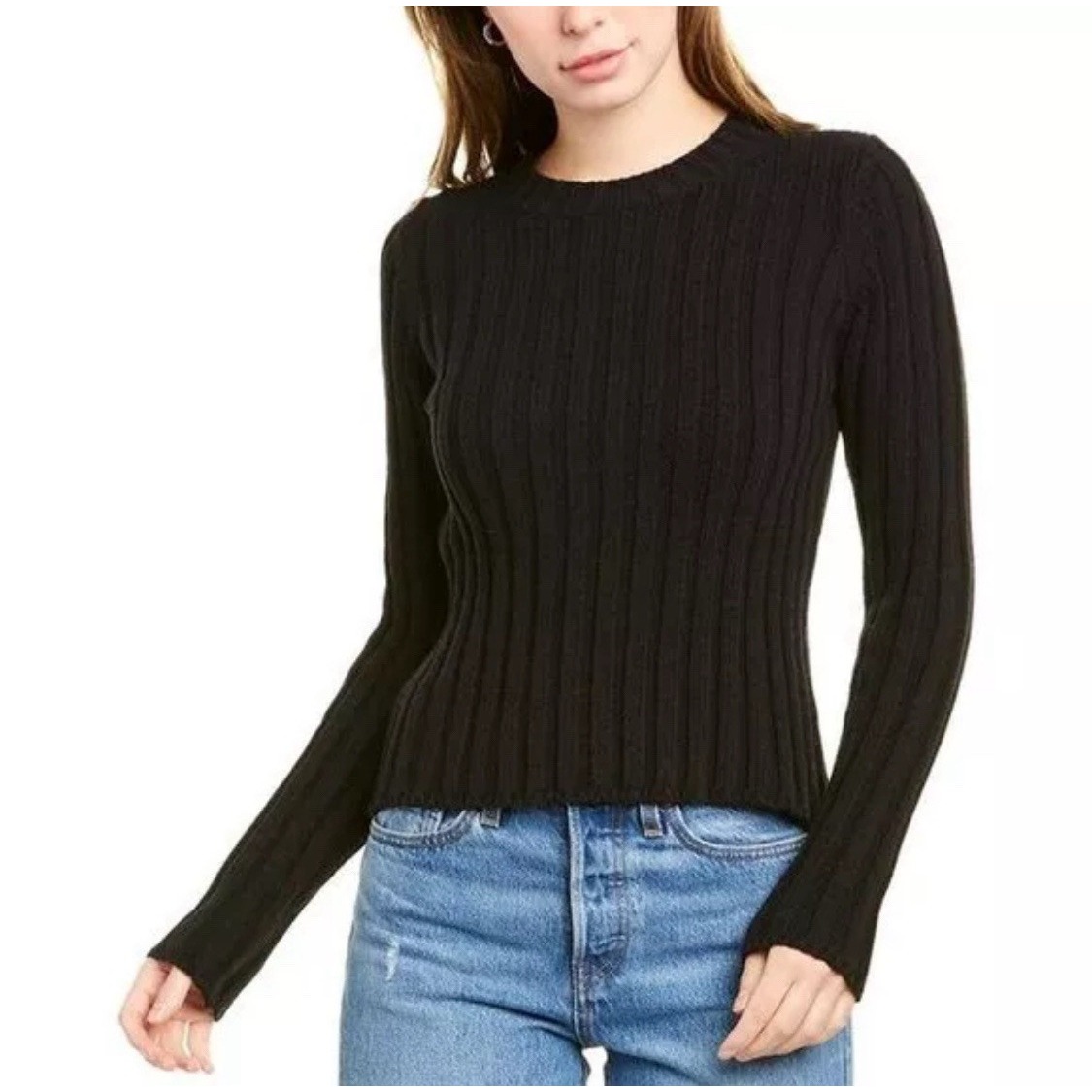 VINCE Black Ribbed Rib Knit Long Sleeve Crewneck Sweater Pullover Size XS