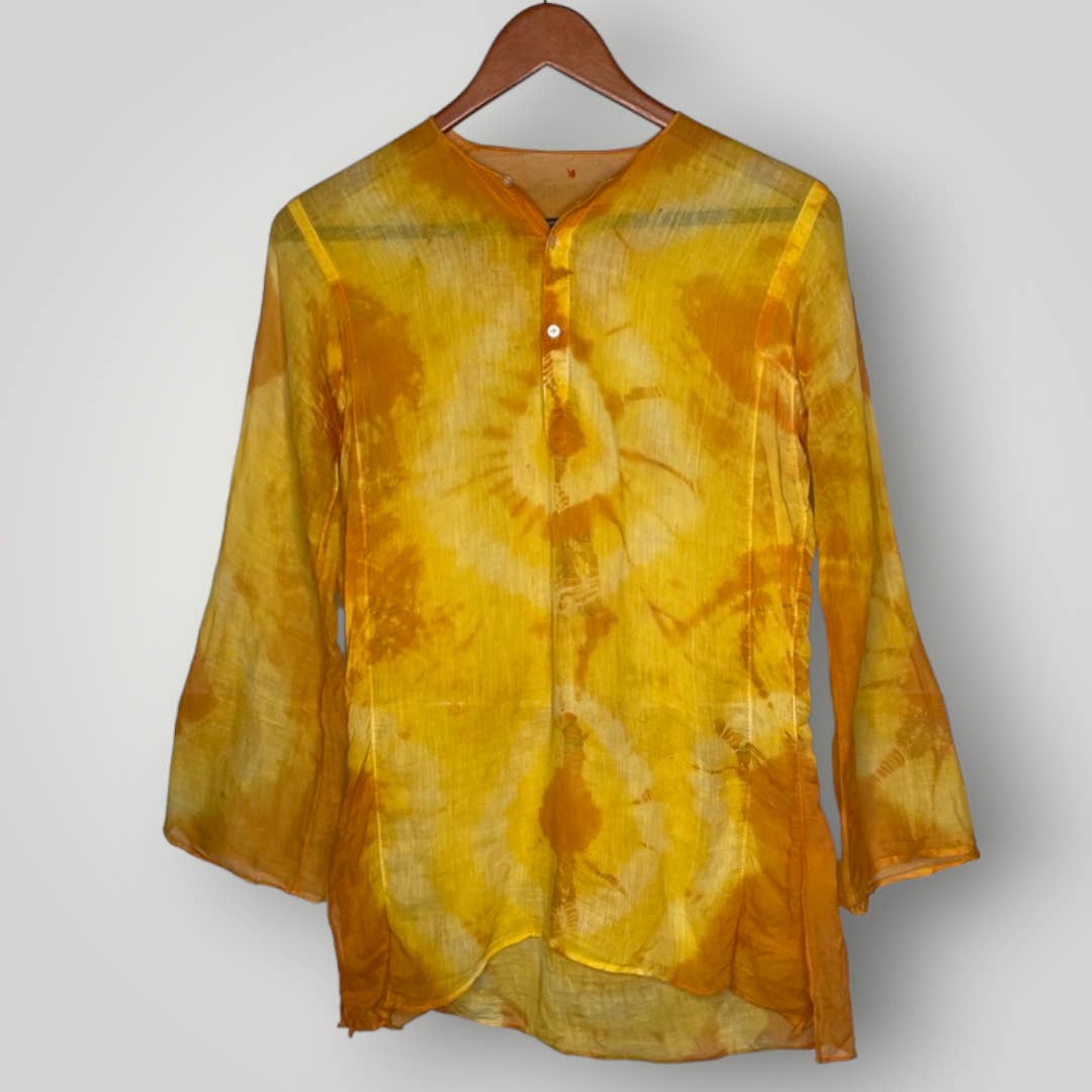 Vintage 1970s Tunic Top Tye Dye Bell Sleeve Yellow Orange H Medium Button