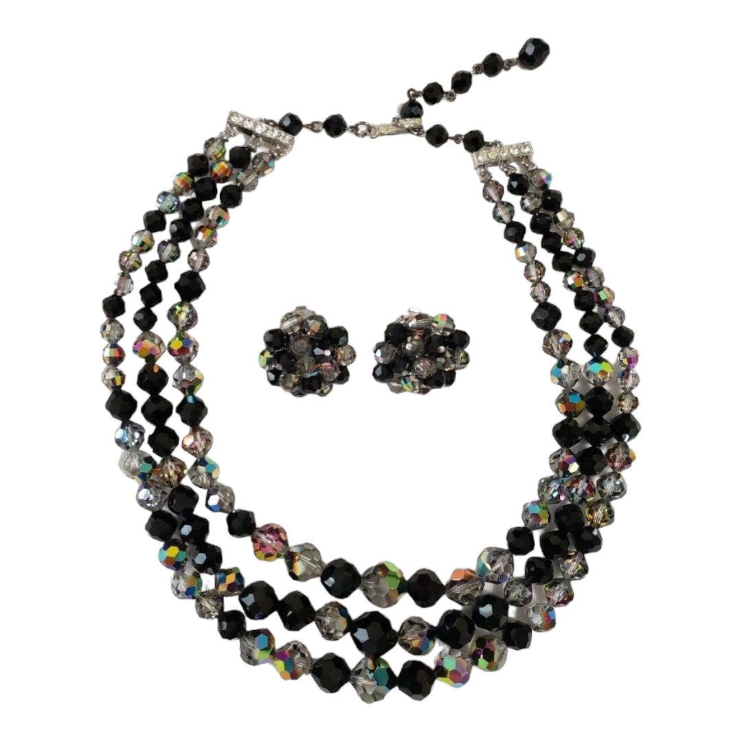 Vintage 3 Strand Necklace Earrings Combo