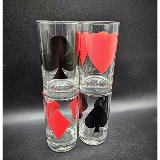 Vintage Playing Cards Poker 5 Tall Barware Glasses Lot Of Four Gambler Gambling