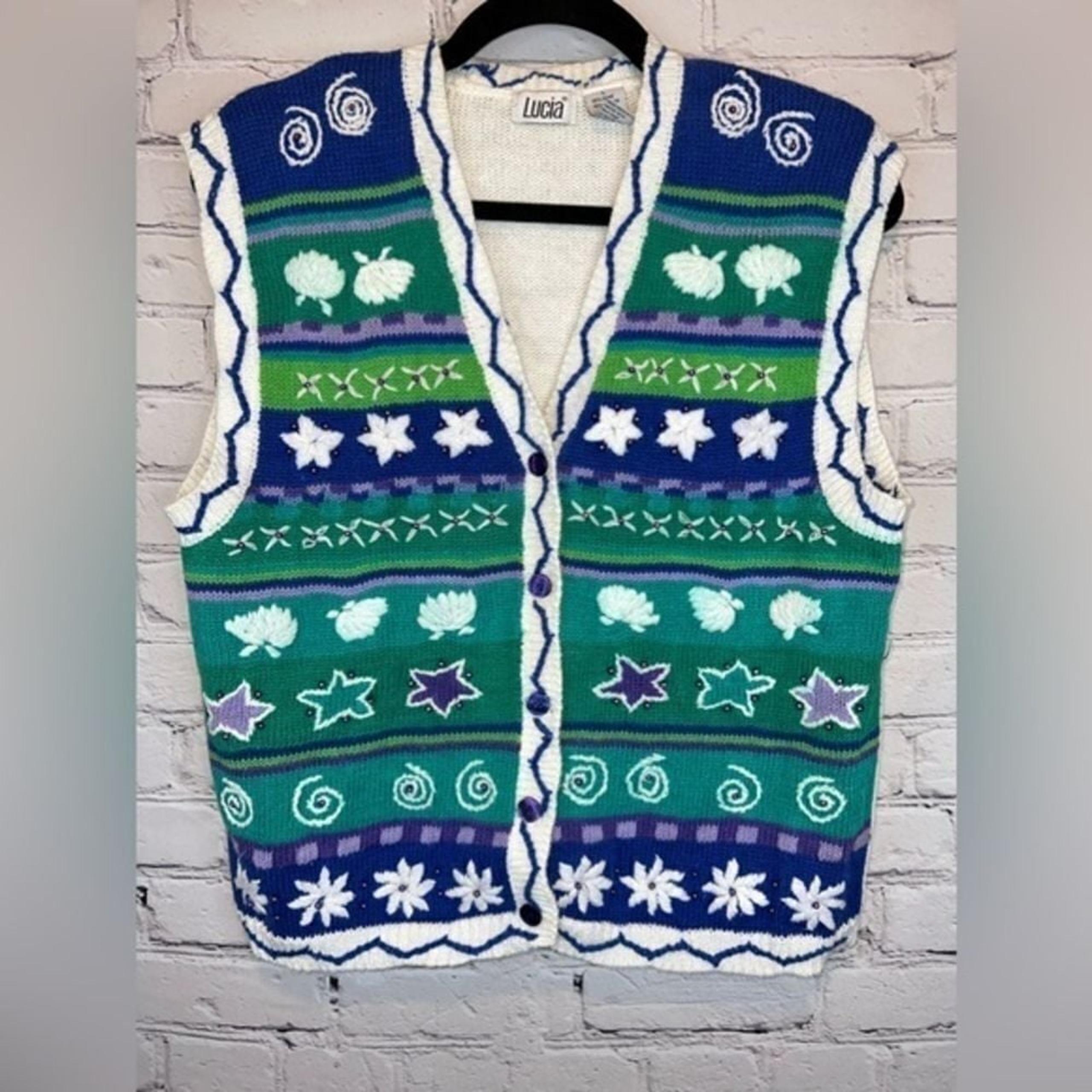 Lucia Vintage Costal Heavy Knit Blue Purple Grandmacore Sweater Vest size large