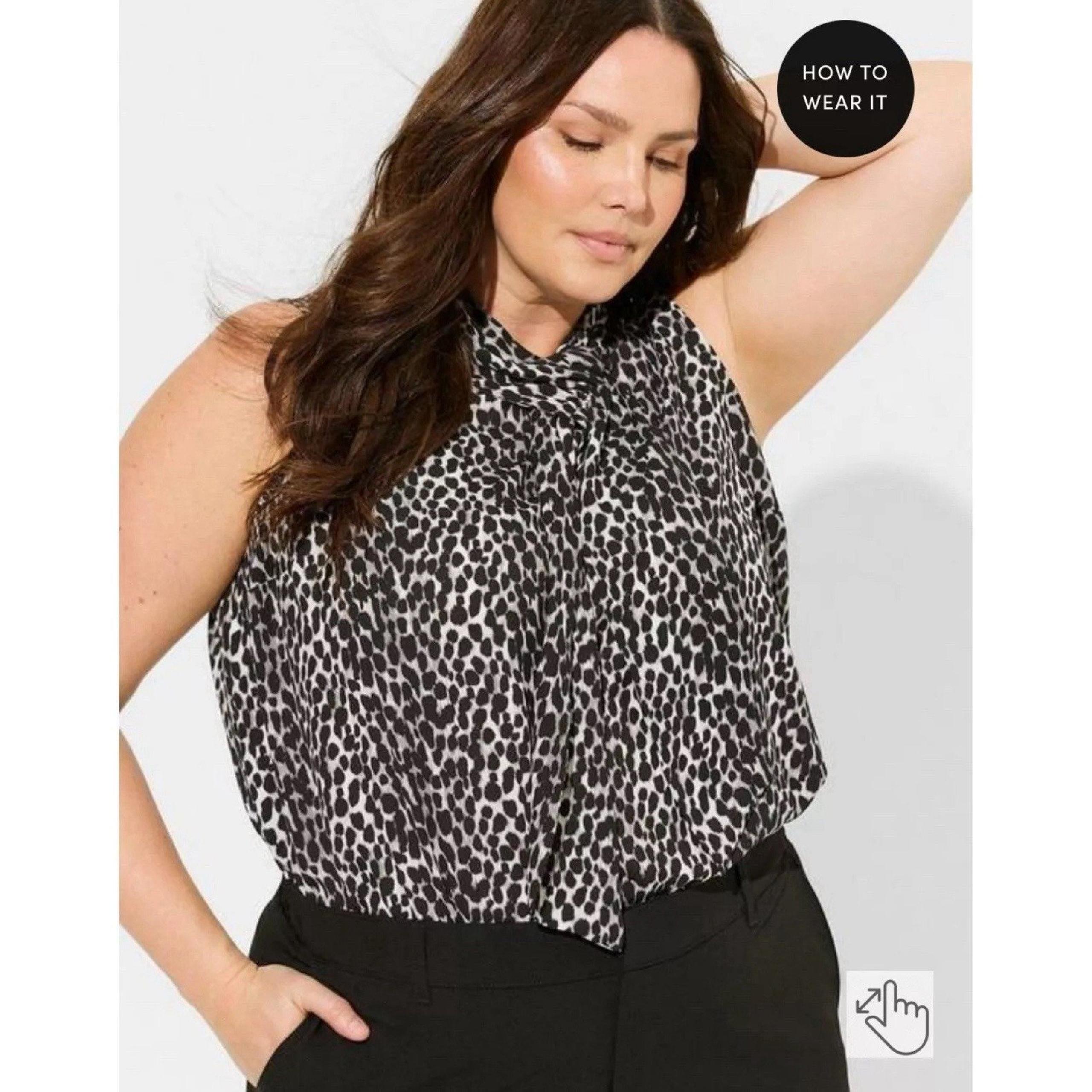 Torrid Blouse Women's 2X (18-20) Sleeveless Cheetah Georgette Tie Neck NWT $39