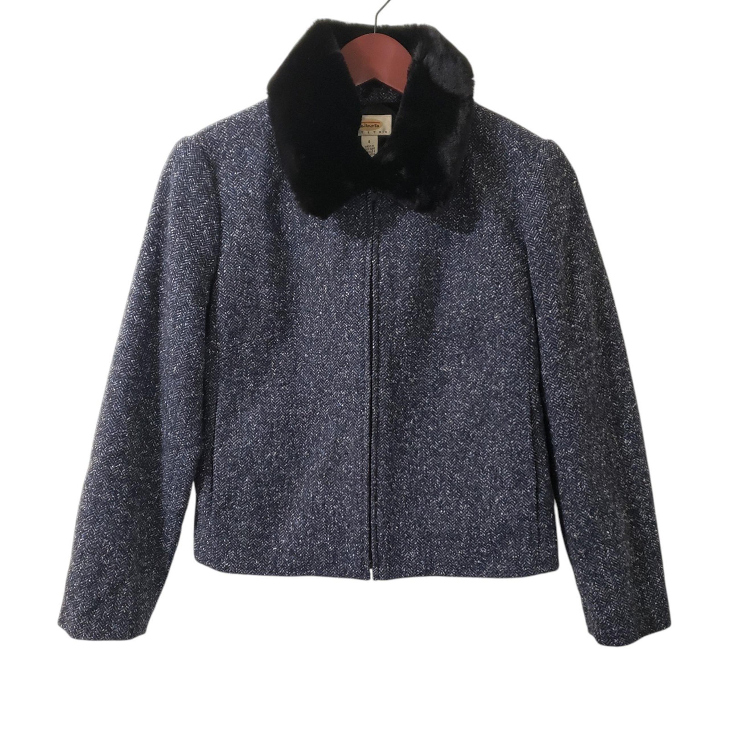 Talbots Petites Wool Silk Blend Tweed Faux Fur Zip Up Jacket Blue Womens Sz 6P