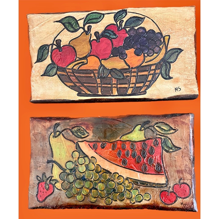 Fruit Still Life MCM Primitive Style Set Of Two Hand Carved Still Life Wall Deco