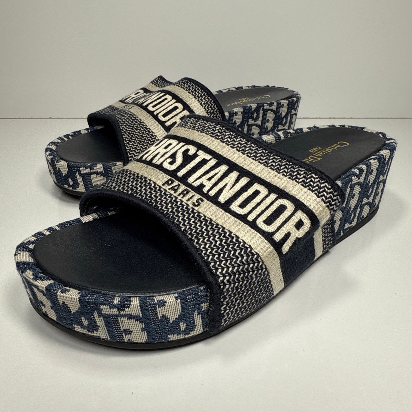 Christian Dior Oblique Platform Logo Slide Sandals White Blue Canvas Womens Sz 9