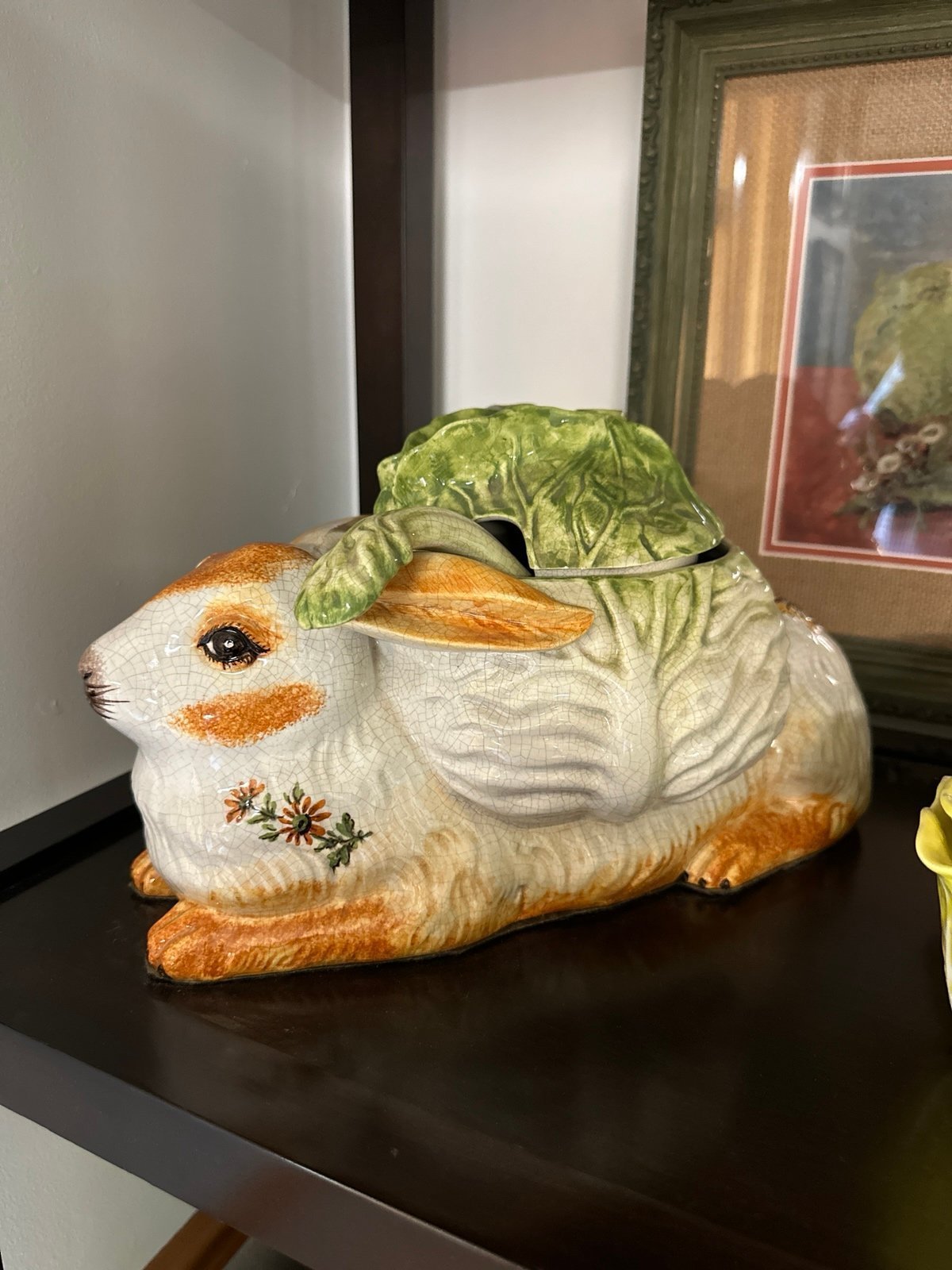 Large vintage majolica ceramic rabbit tureen