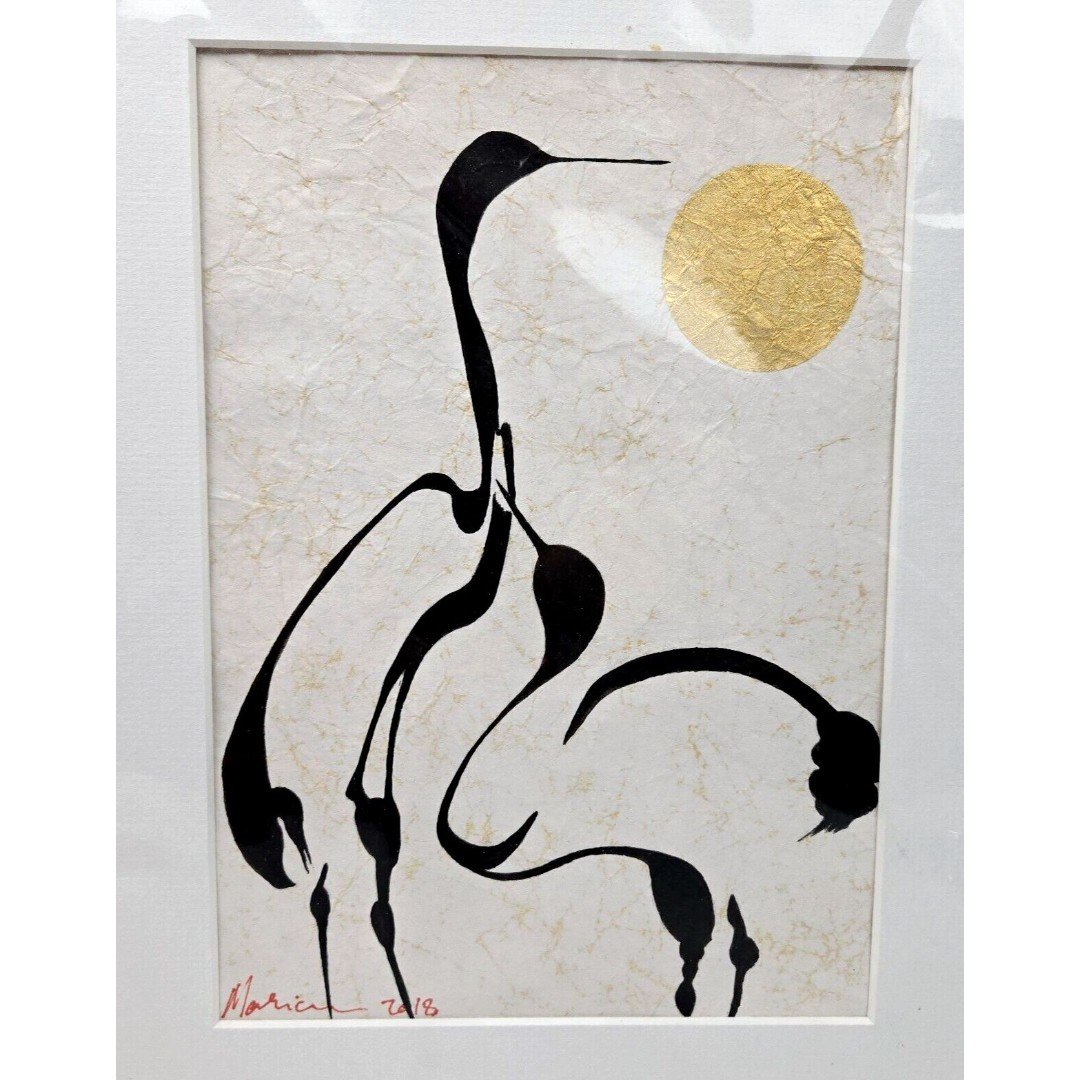 Original Watercolor Sumi-e Black Ink Painting Cranes Mariam Lister 2015 Signed