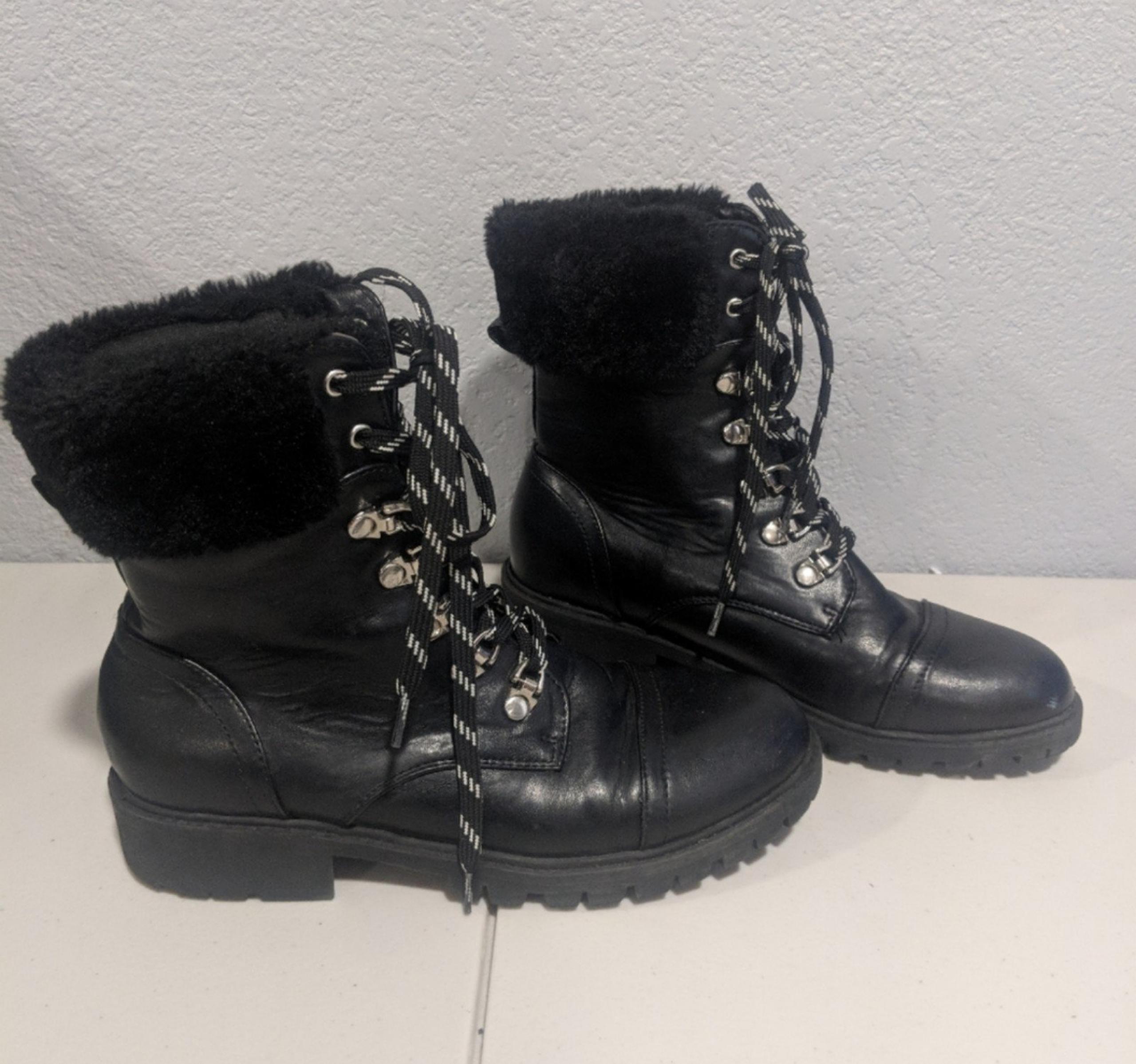 Women's Combat Ankle Boots Black Chunky Y2K Fur Trim Grunge Emo Size 6