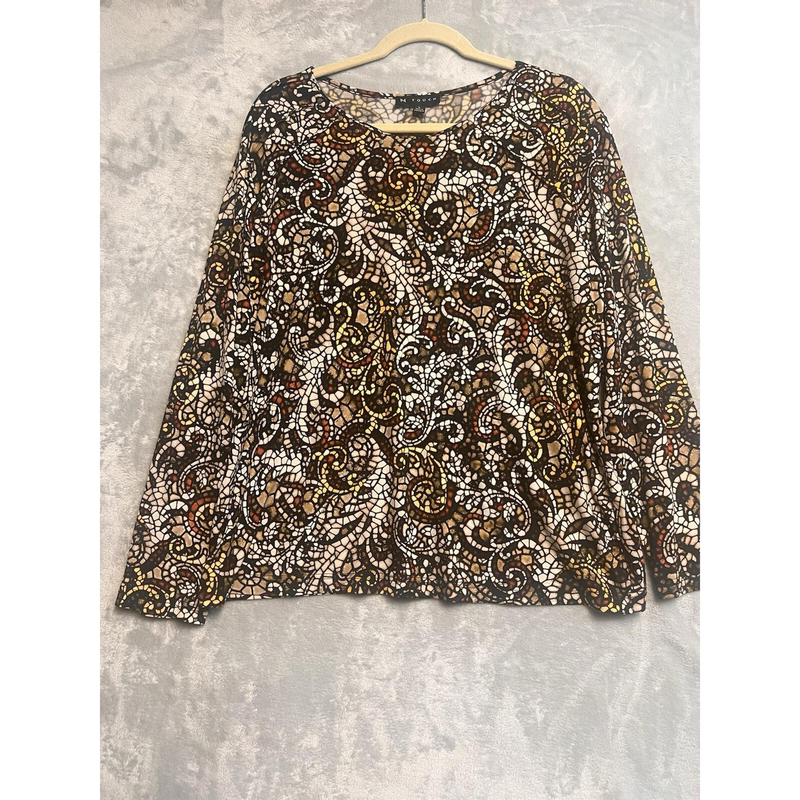 N Touch Multicolored Boho Print Top Long Flared Sleeves Womens Size L - No Touch