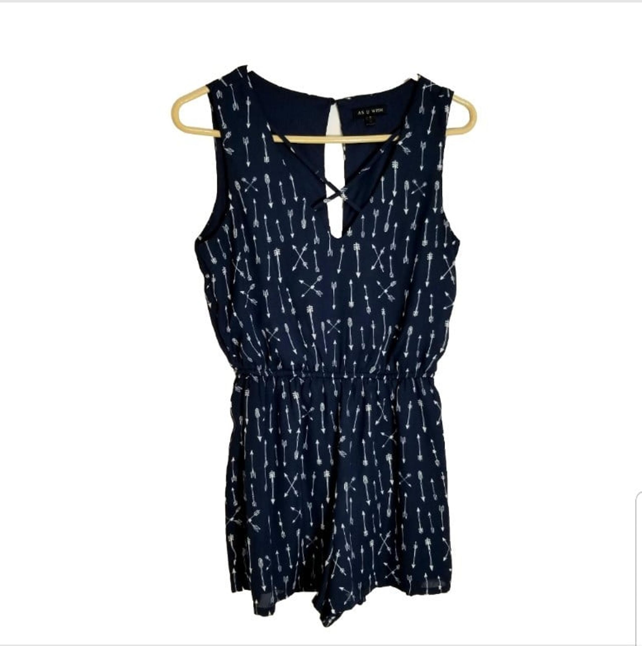 As U Wish Romper Women’s Small Blue White Arrows Lined Criss Cross Straps