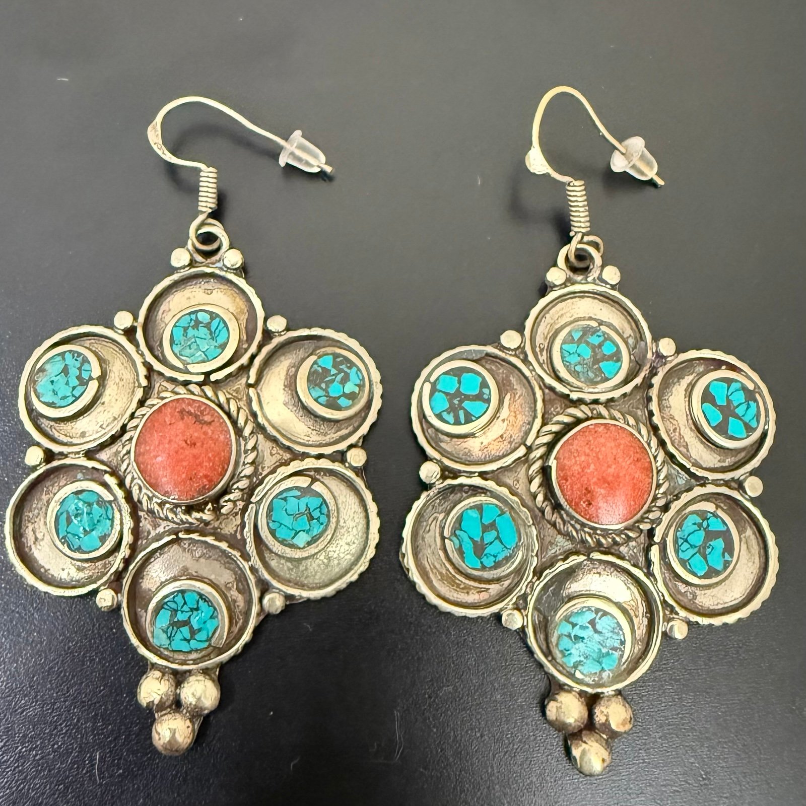 Vintage Silver-tone Turquoise & Coral Tibetan Style Flower Dangle Earrings 22g.