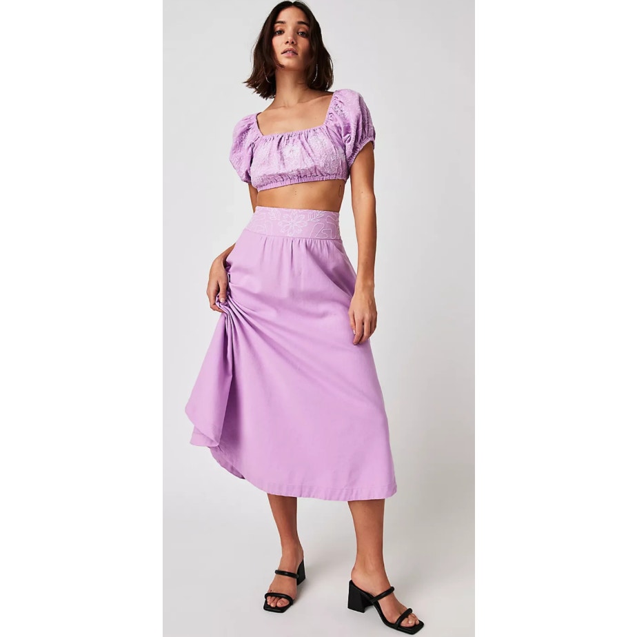 Free People LOTUS Embroidered Smocked Skirt Crop Top Set in Lavender S NWOT 168
