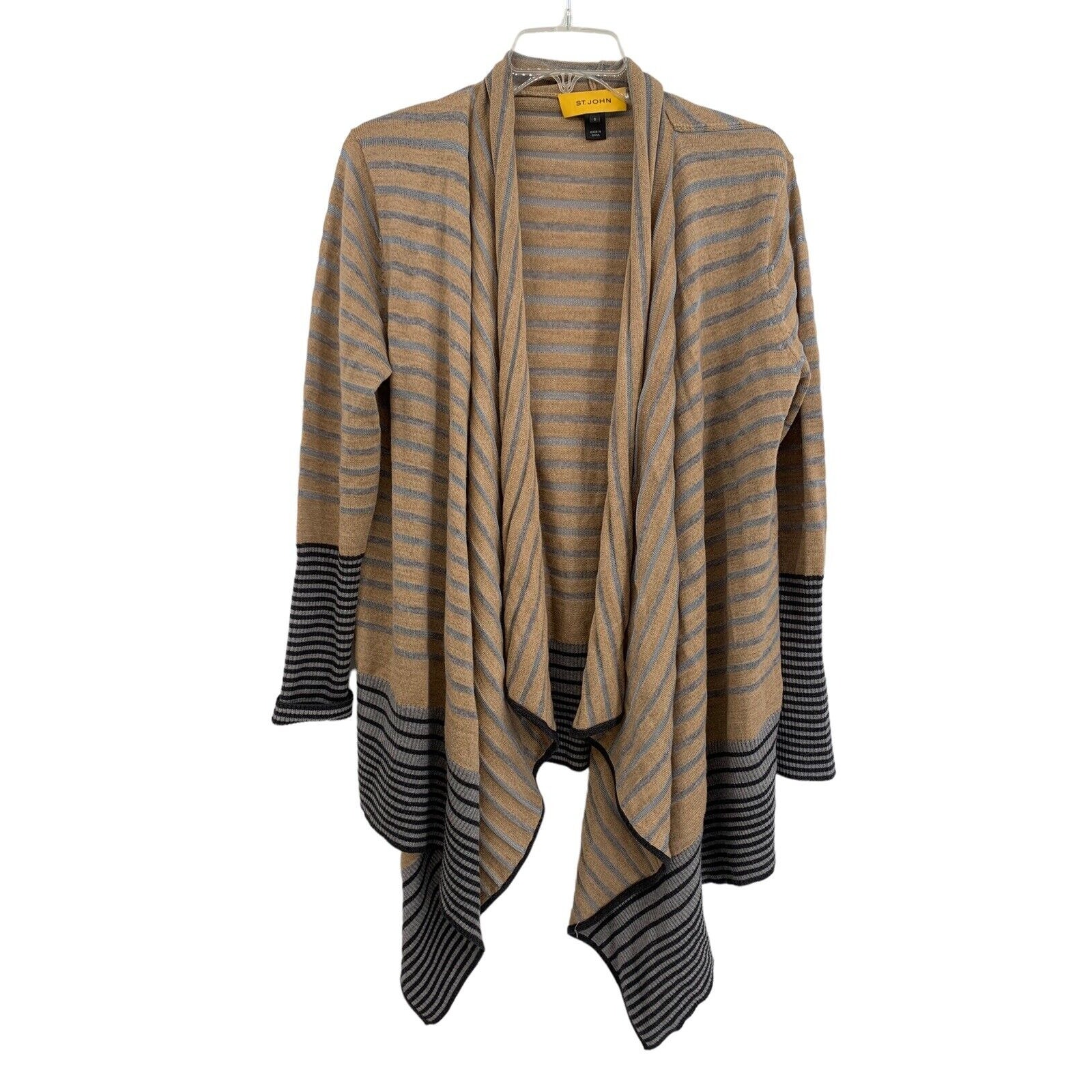 St. John Cardigan Waterfall Open Front Striped Dark Camel Melange Wool Blend S