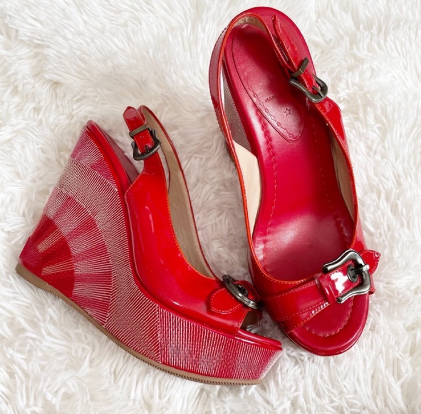 Fendi Red Leather Slingback Platform Wedges