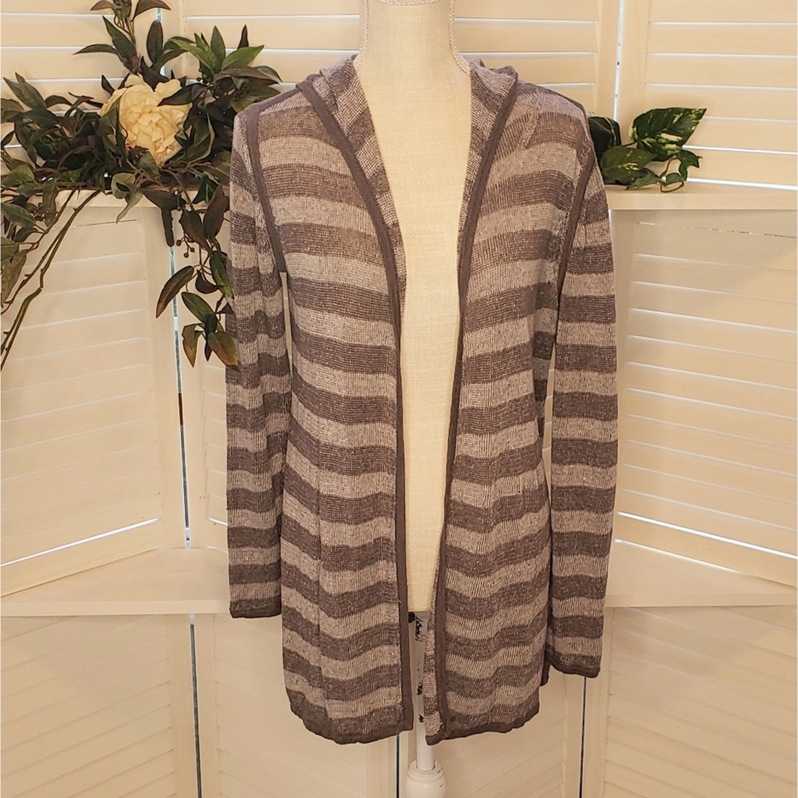 EILEEN FISHER GRAY STRIPED HOODED CARDIGAN SIZE XS