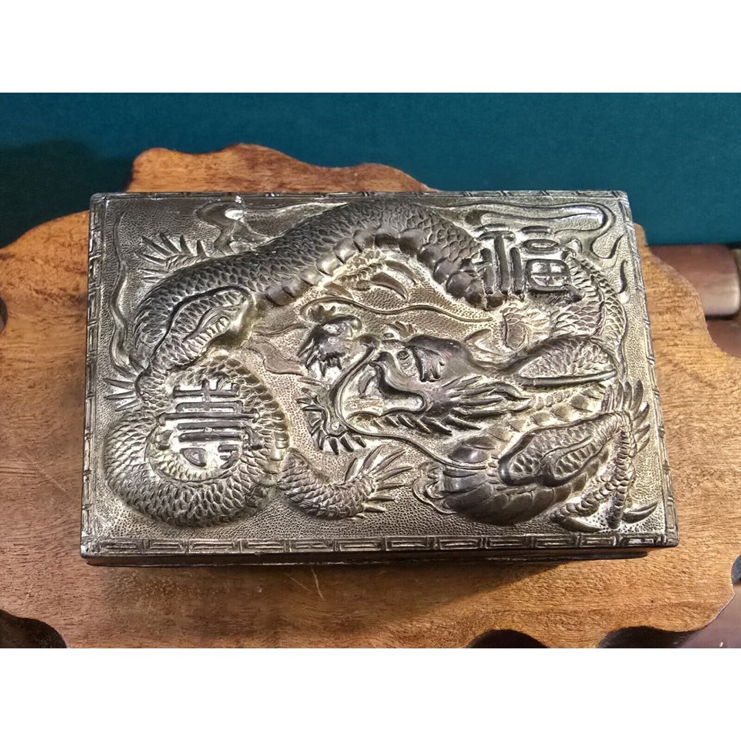 Vintage Japanese Repousse Dragon & Landscape Silver Tone Trinket Box 3.25 x3.75