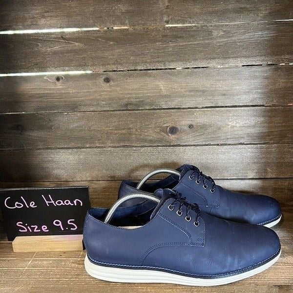 Mens Cole Haan Lunargrand Navy Blue Leather Plain Toe Dress Shoes Size 9.5 M GUC