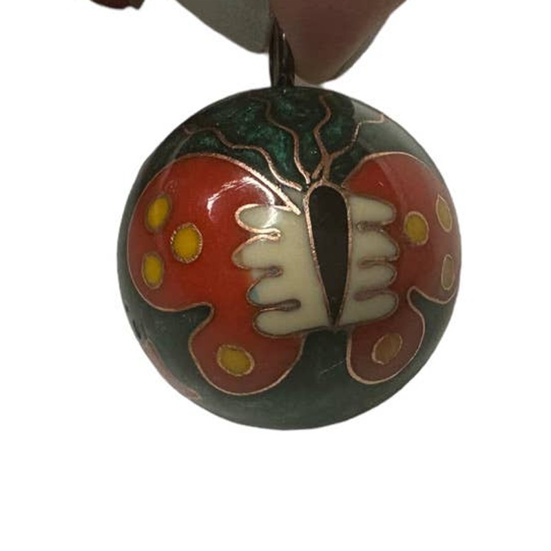 Vintage Cloisonne Green Enamel Chimes Pendant Ball with Butterfly Heart & Stars