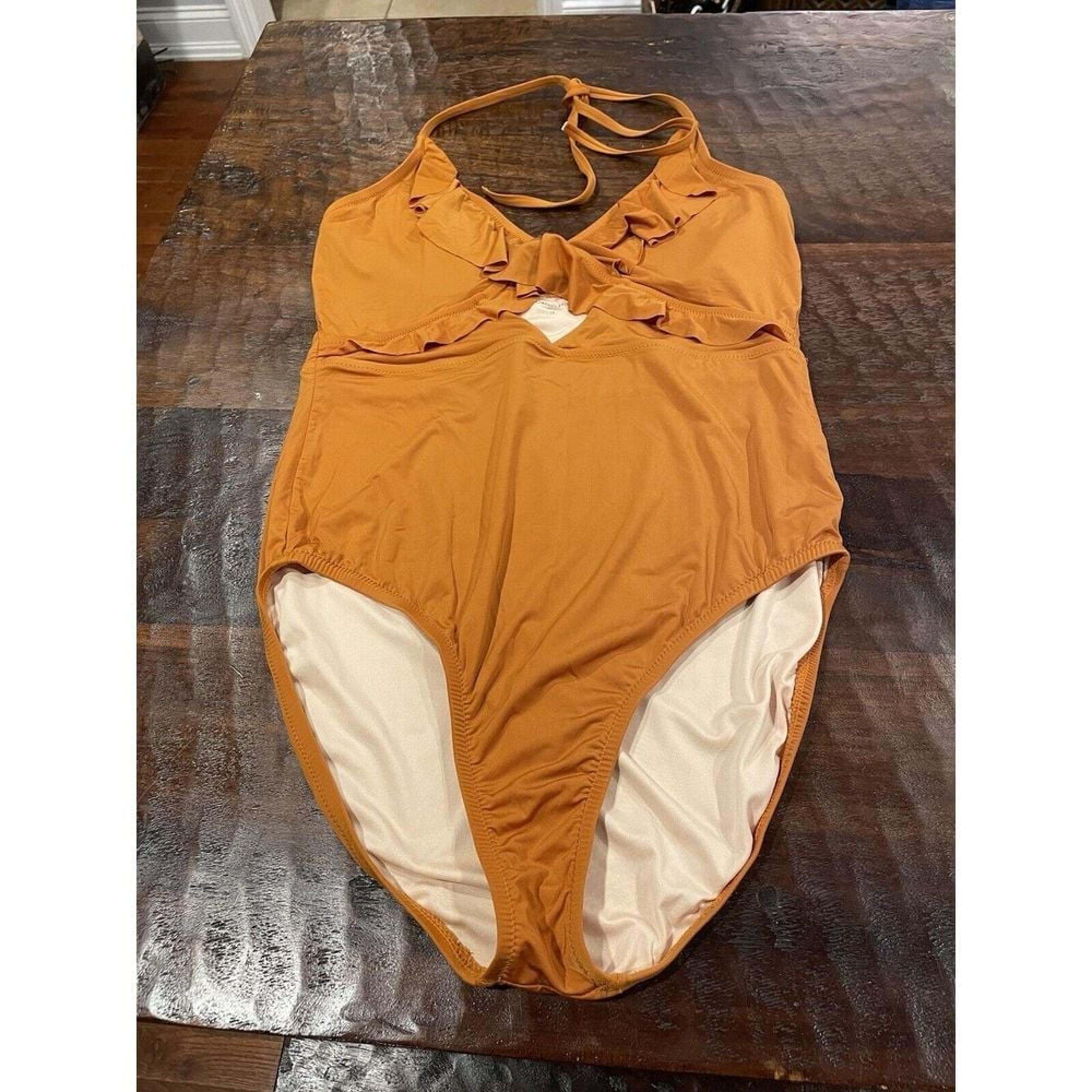 Garnet Hill Swimsuit Size 14 Black White Burnt Orange One Piece Ruffle Tie Neck