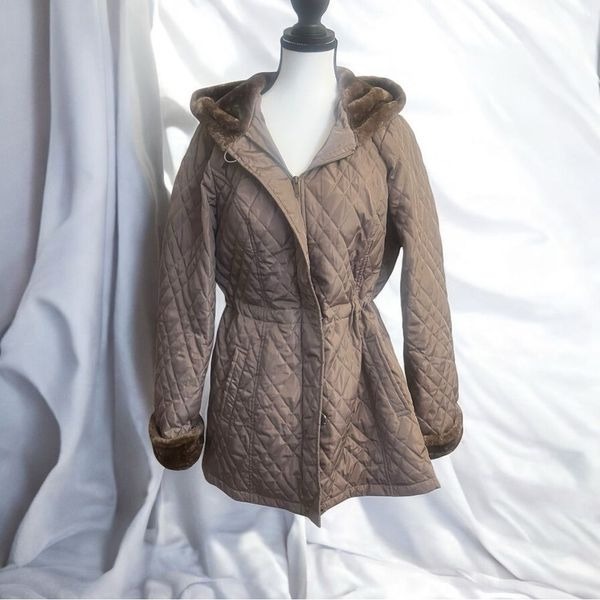EUC Dennis Basso Cinch Waist Quilted Anorak Coat with Faux Fur Trim Size Small