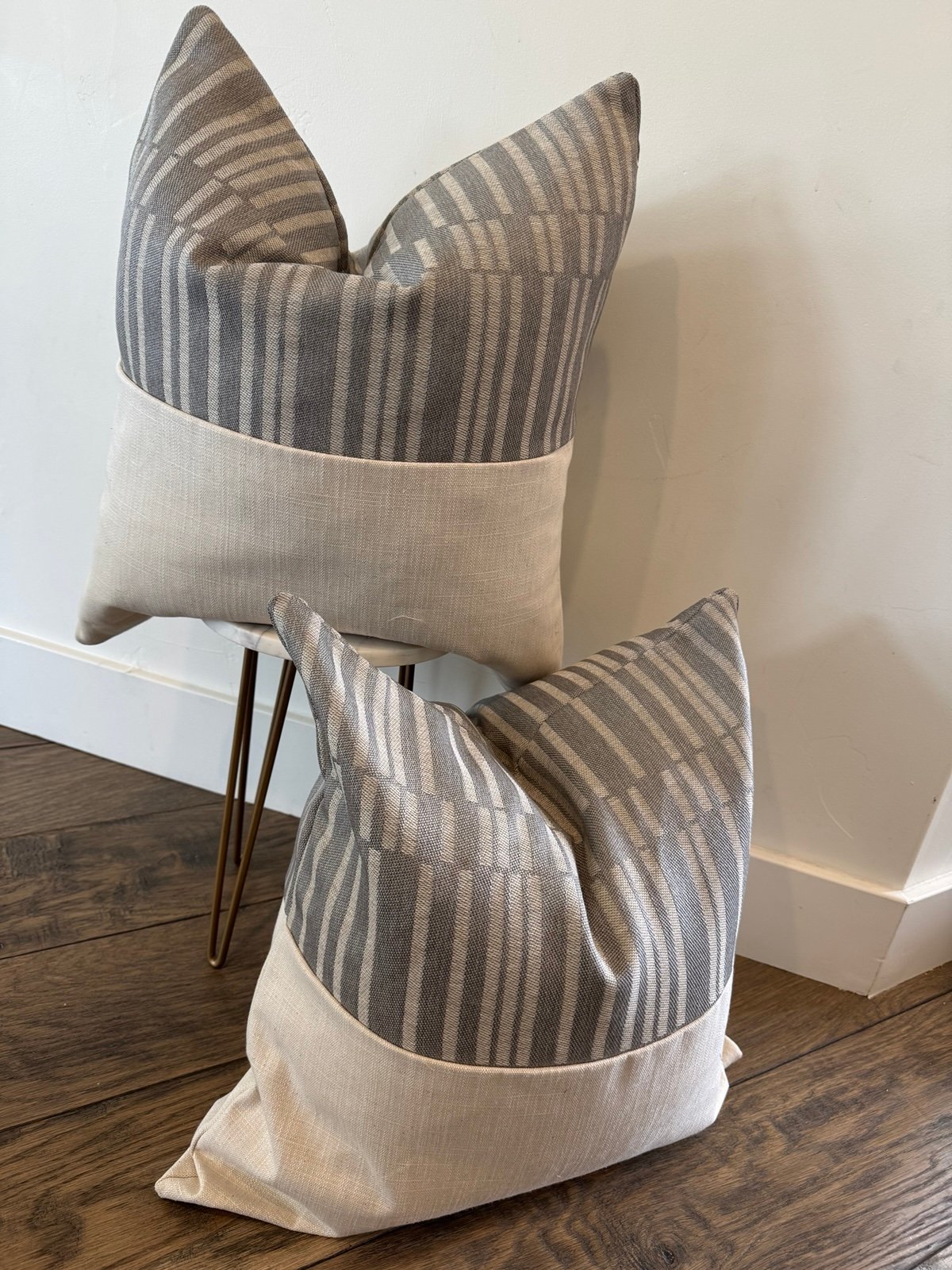 Set of 2 modern 22x22 pillow covers in gray striped woven fabric