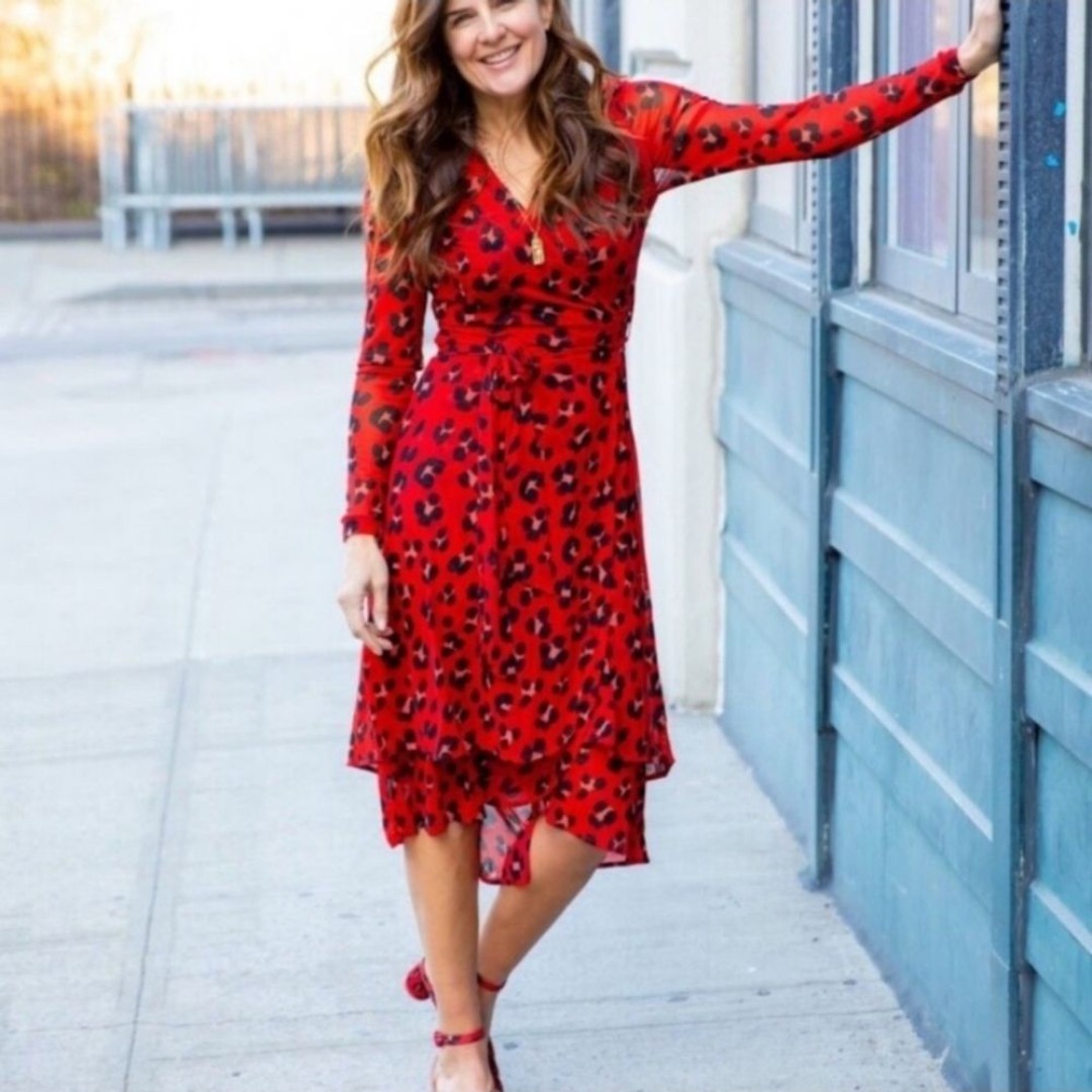 CAbi Red and Black Asymmetrical Ruffled Long Sleeve Dress