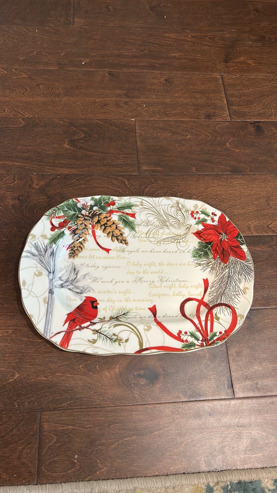 222 Fifth Christmas Poinsettia Pinecone Serving Platter New Pumpkin Red Cardinal