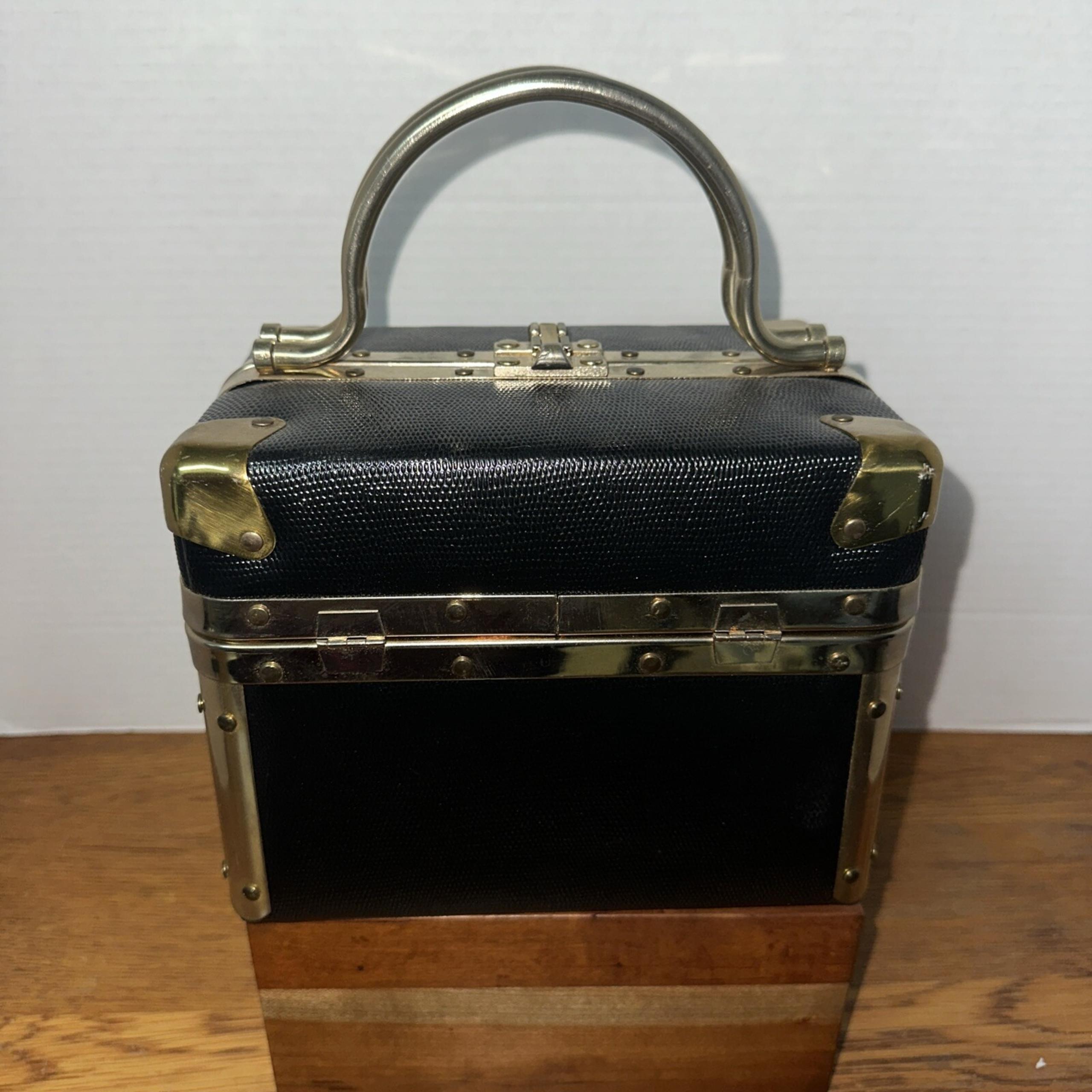Vintage Black Embossed Delill Box Purse With Brass Details~Tan Interior