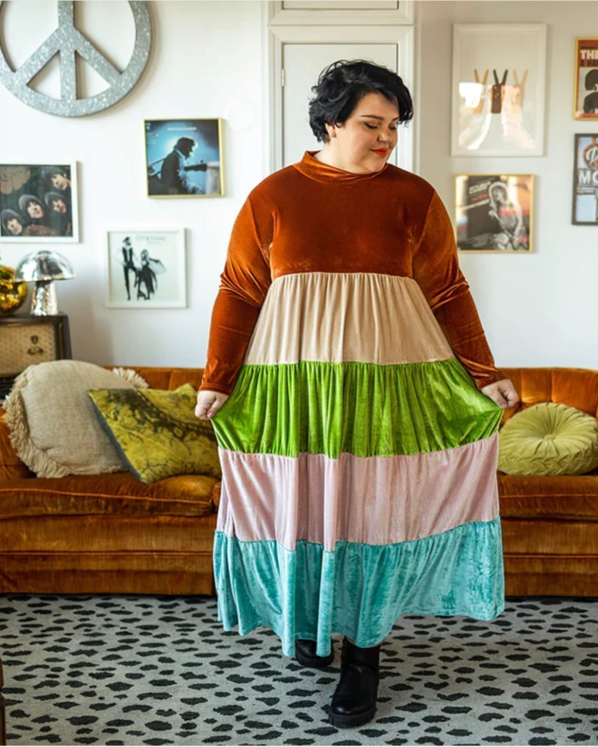 Velvet Velour Long Sleeve Mock Neck Rainbow Maxi on sale Dress 22/24 boho chic