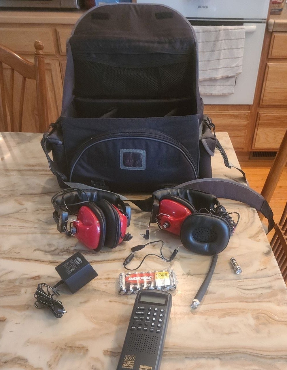 Nascar race scanner and head sets.