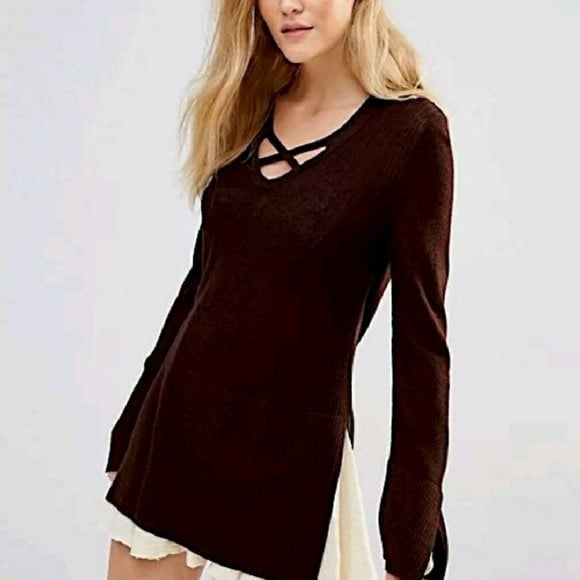 Free People Mocha Criss Cross Sweater