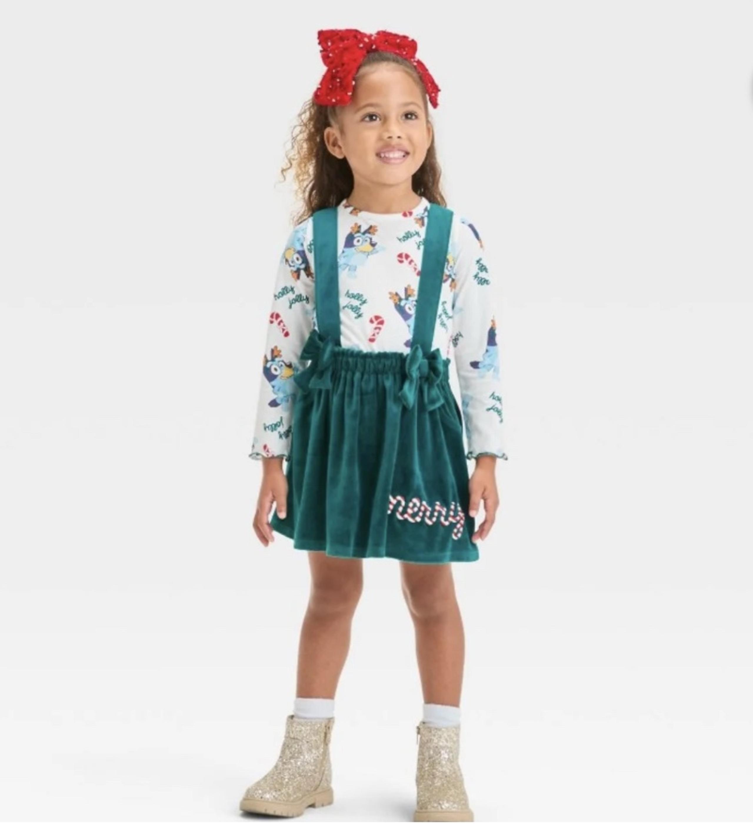 Baby Girls' Bluey Christmas 2pc Long Sleeve Top and Skirtall Set - Green 18M