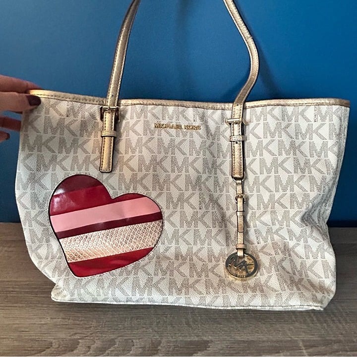Michael Kors White and Gold Tote Bag with Heart Accent