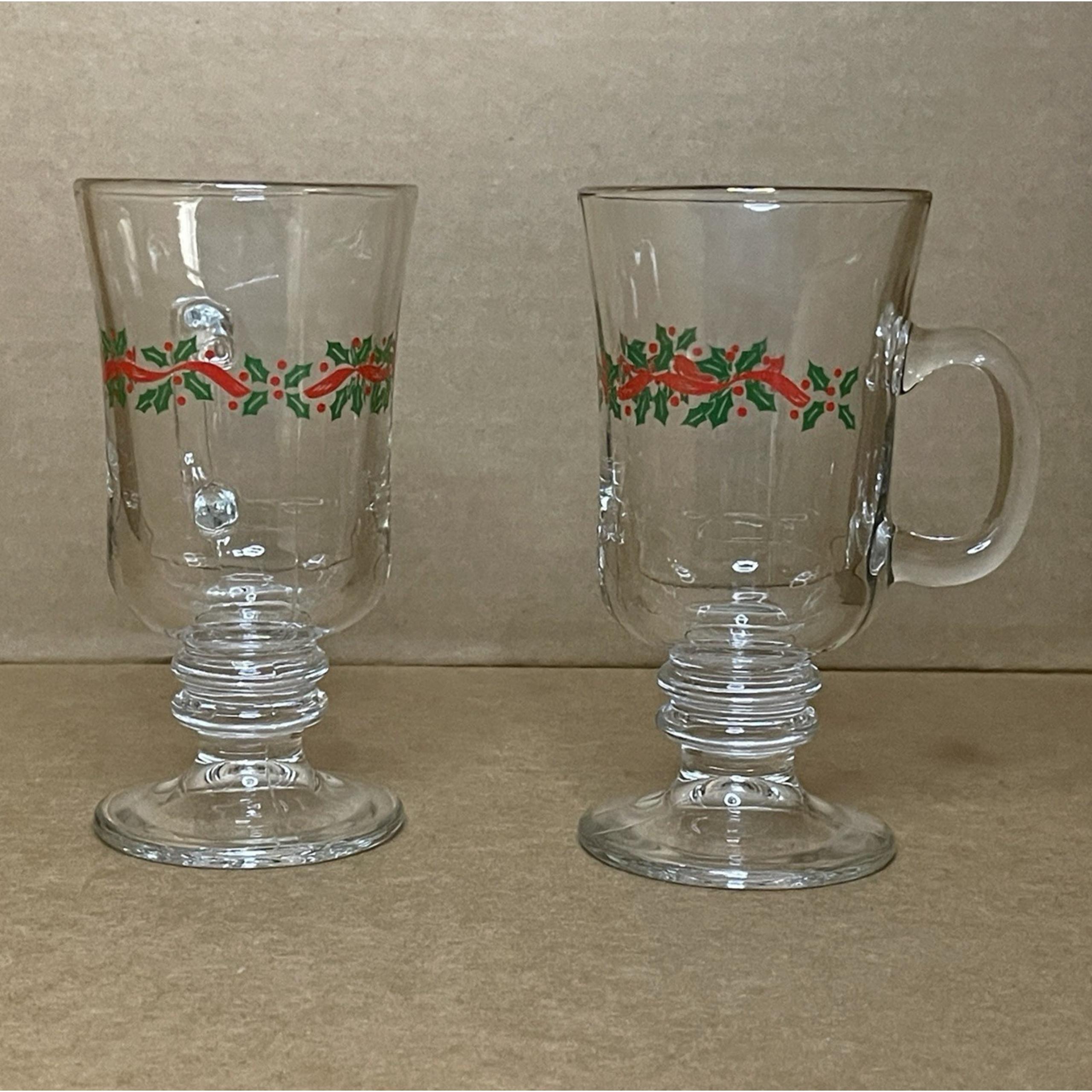 Vintage Libbey Holly Berry Irish Coffee Pedestal Glasses Gold Rim Christmas Mugs