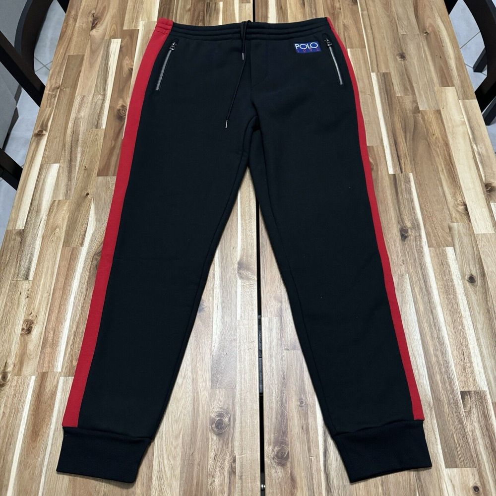 Polo Ralph Lauren Joggers Mens M Black Red 1992 Fleece Drawstring Sample RARE