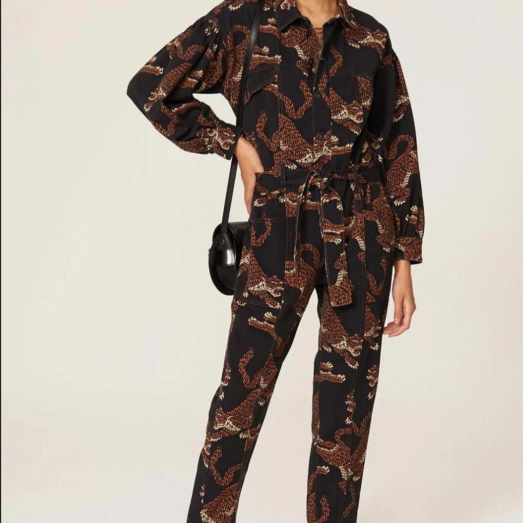 Farm Rio Tiger Leopard Print Jumpsuit Black Puff Sleeve Canvas Size L No Belt