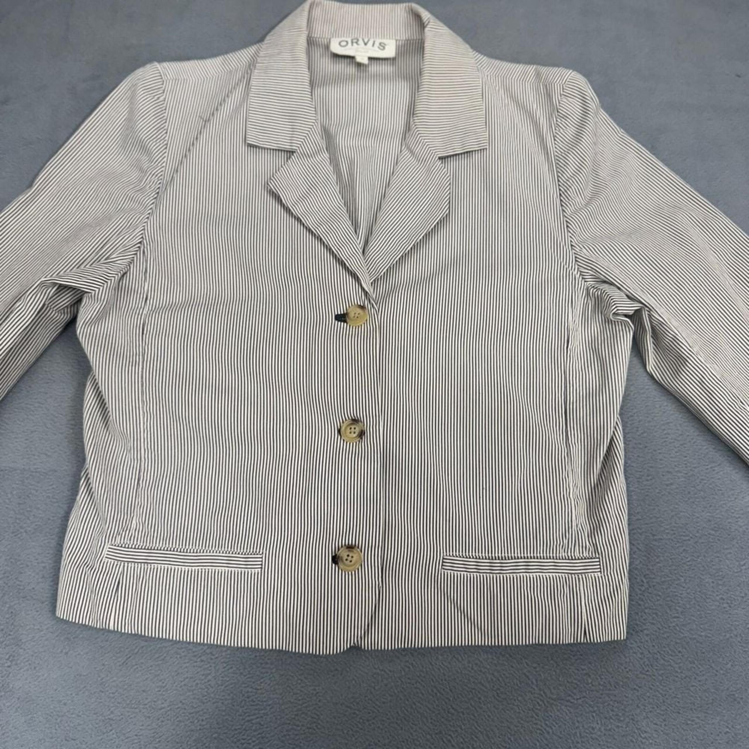 Orvis Women's Blazer Size 16 White Blue Striped 3 Button Suit Jacket Coat