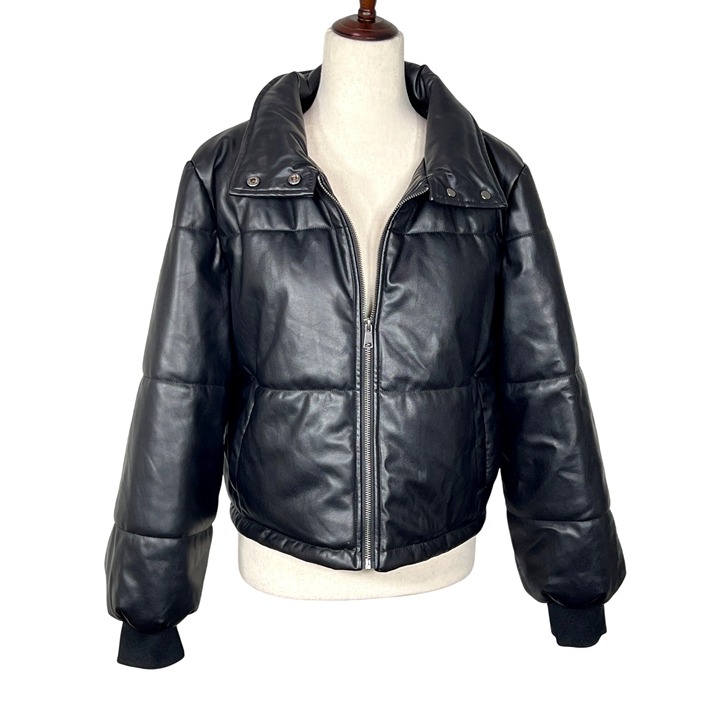 BY ANTHROPOLOGIE Faux Leather Puffer Jacket Black Sz M EUC