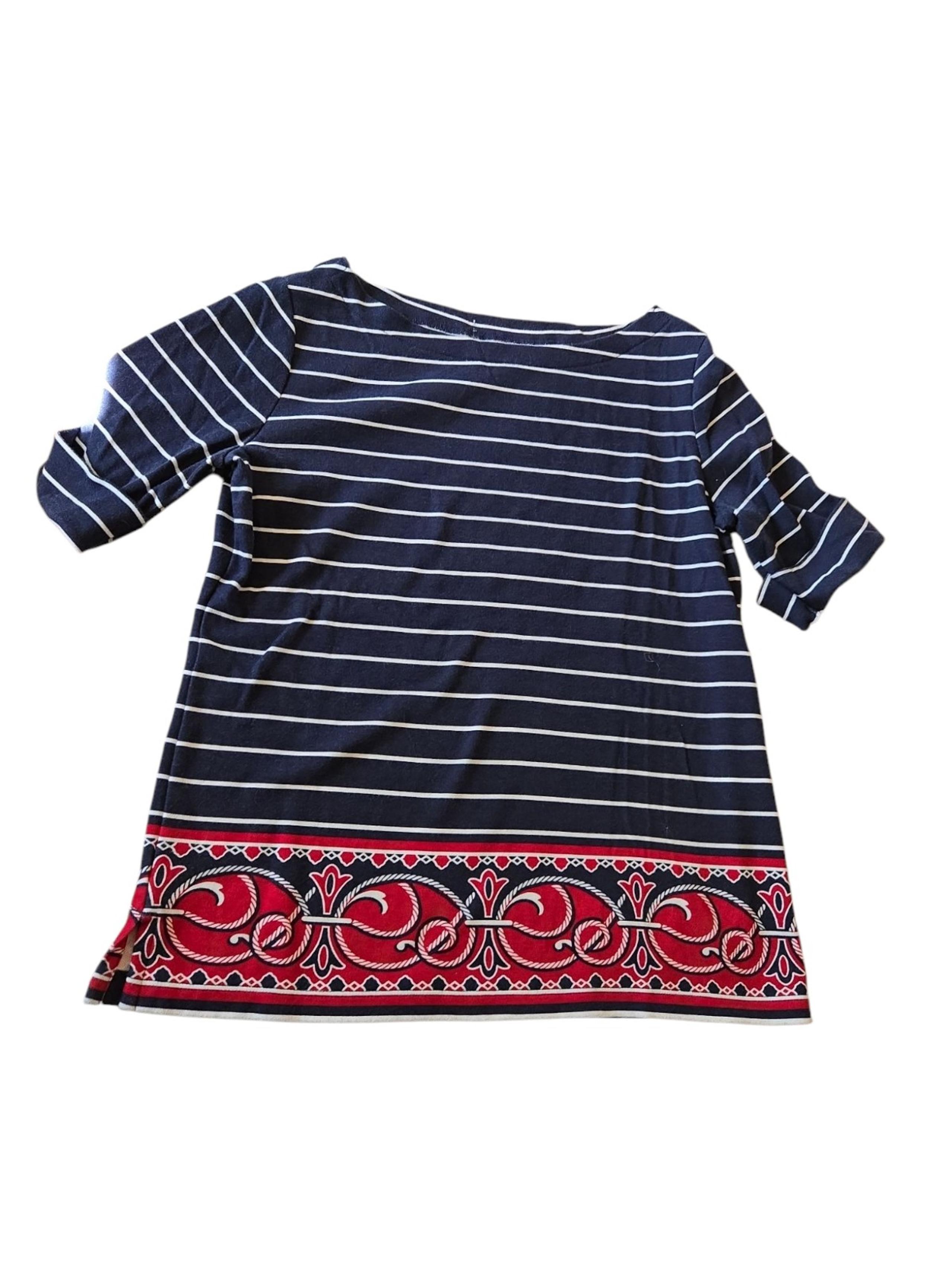 Karen Scott boat neck paisley striped top red white blue Macy's size medium