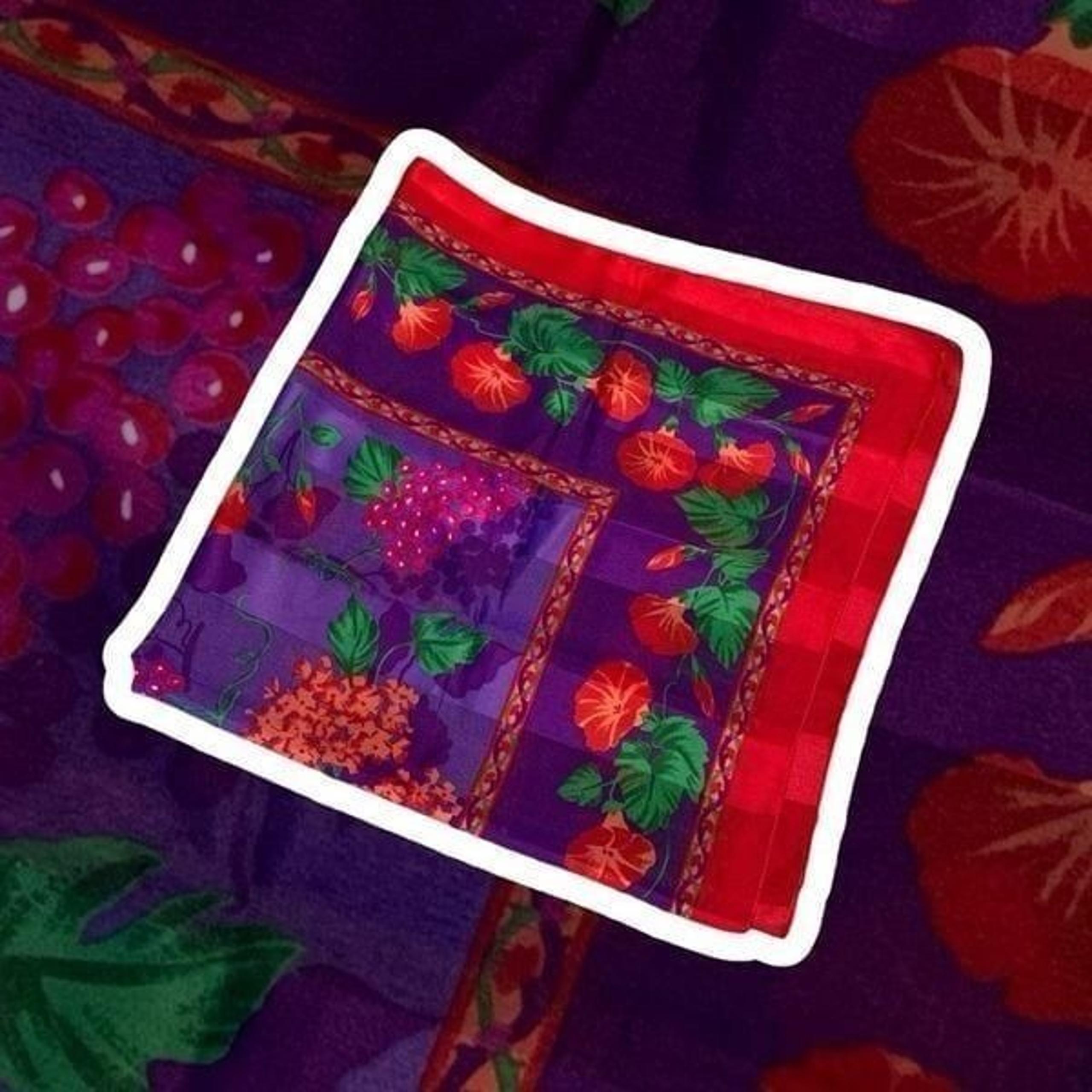 Vintage Red Purple Strip Fruit Grapes Apple Floral Scarf Square Embossed