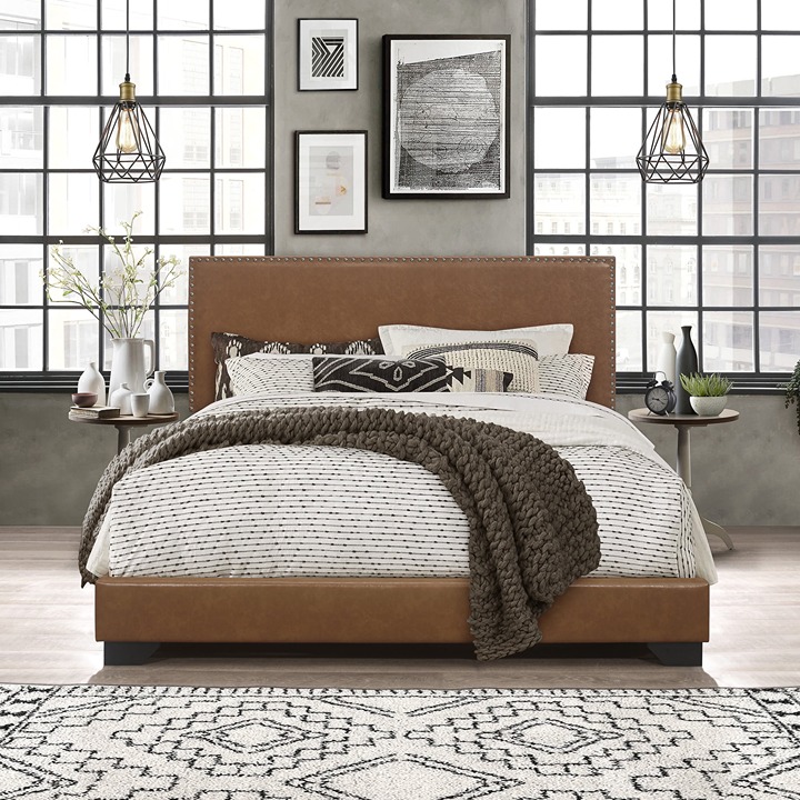 Willow Nailhead Trim Upholstered Queen Bed, Saddle Brown Faux Leather