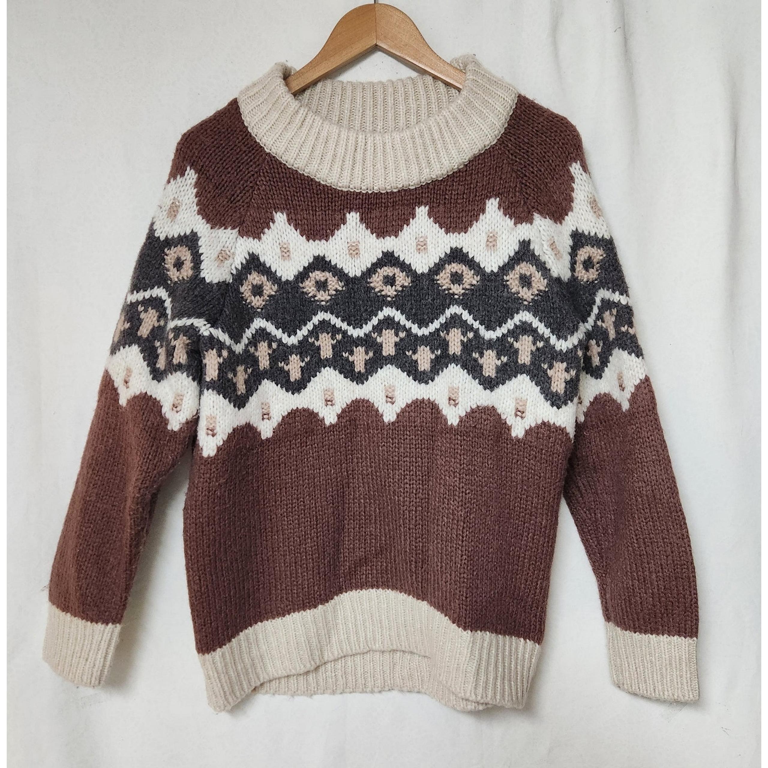 Aerie Women's Fair Isle Crewneck Wool Blend Knit Sweater Brown Beige Pullover