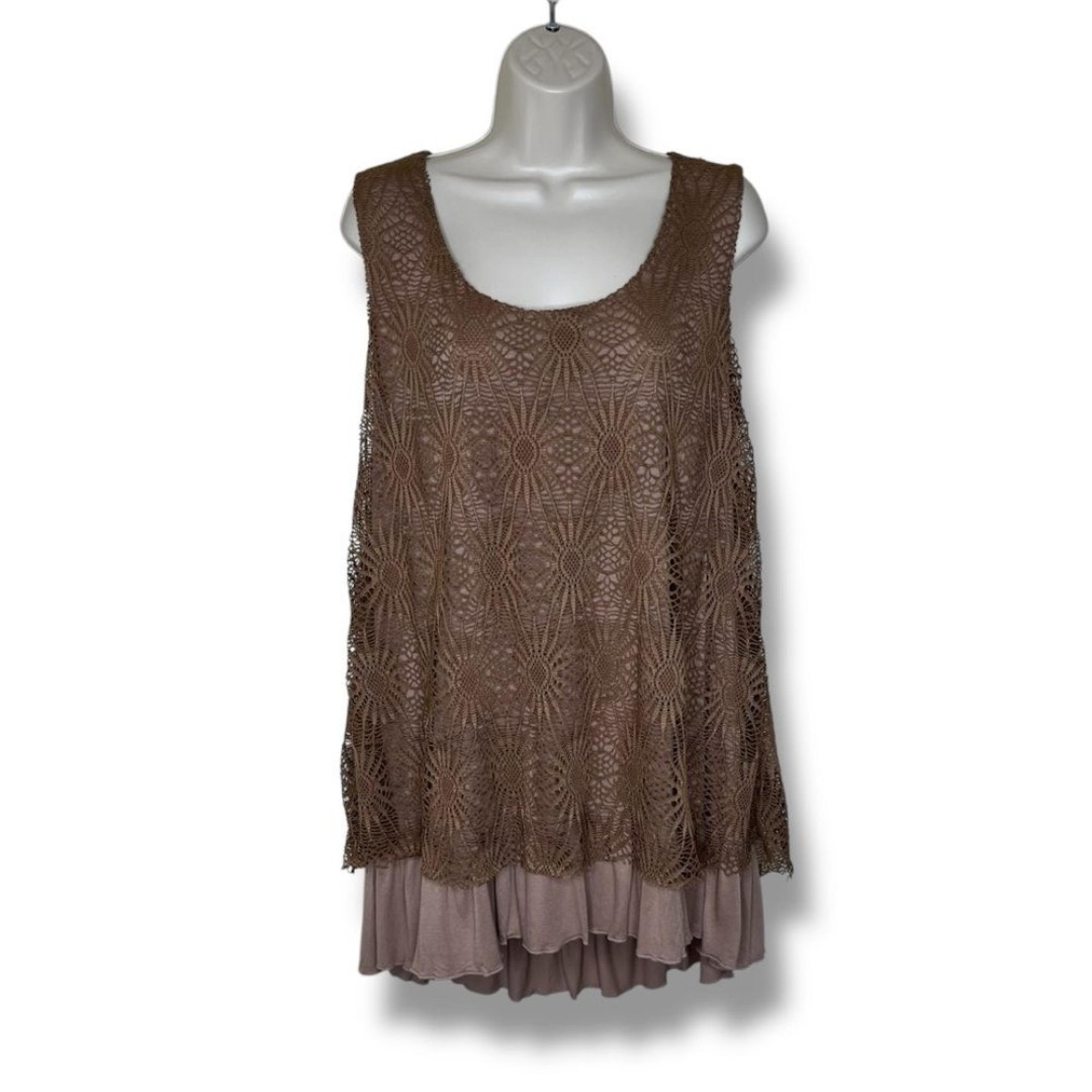 NWT A'reve Cocoa Brown Crochet Lace Layered Ruffle Hem Sleeveless Top Women 2XL